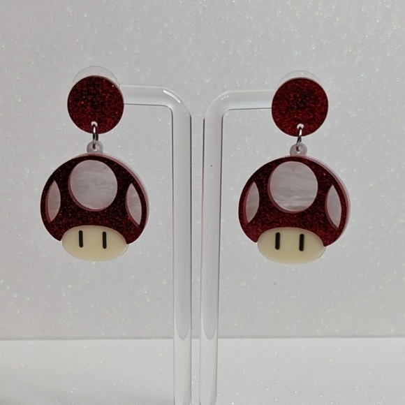 Toad Mario Bros Mushroom Red Glitter Acrylic Drop Earrings - Picture 4 of 6